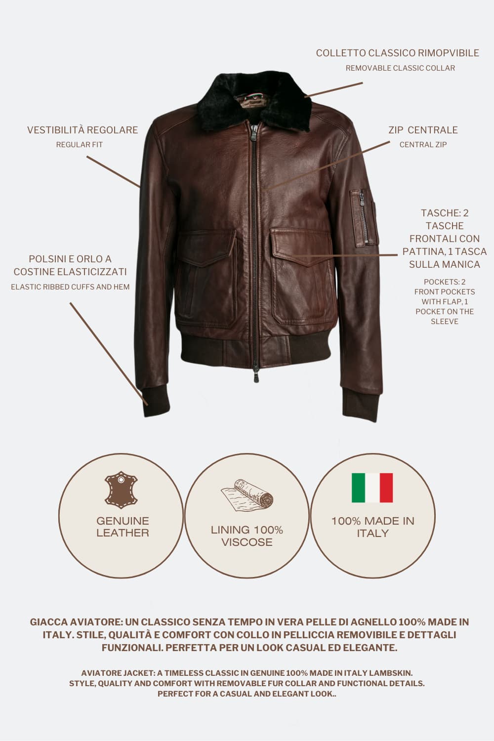 Aviator Dark Brown Leather Jacket man Barone firenze - 8