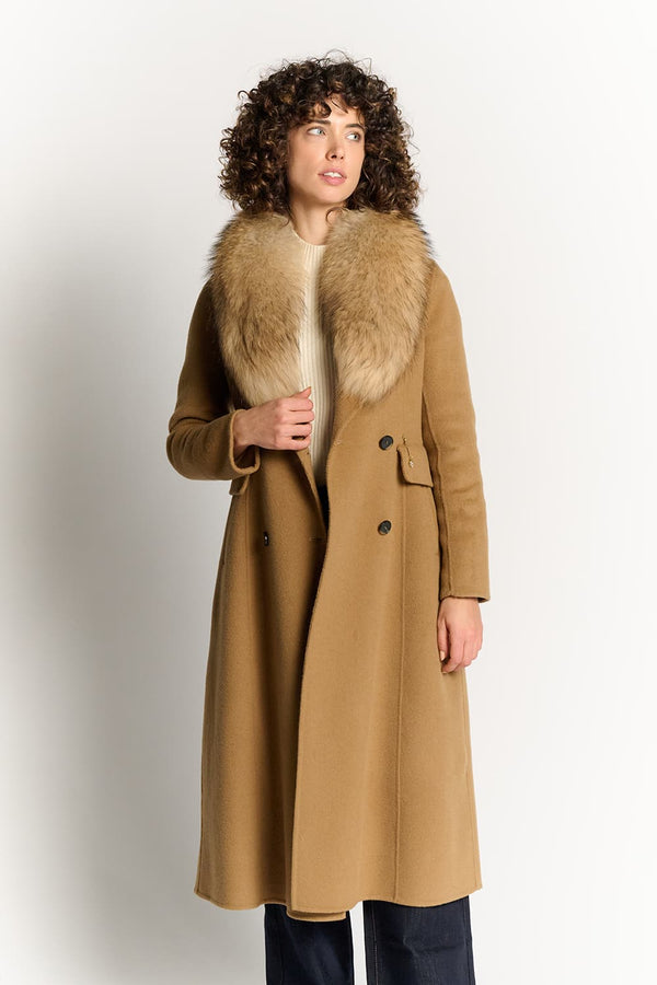 Camel Coat with Fur Collar donna Barone firenze