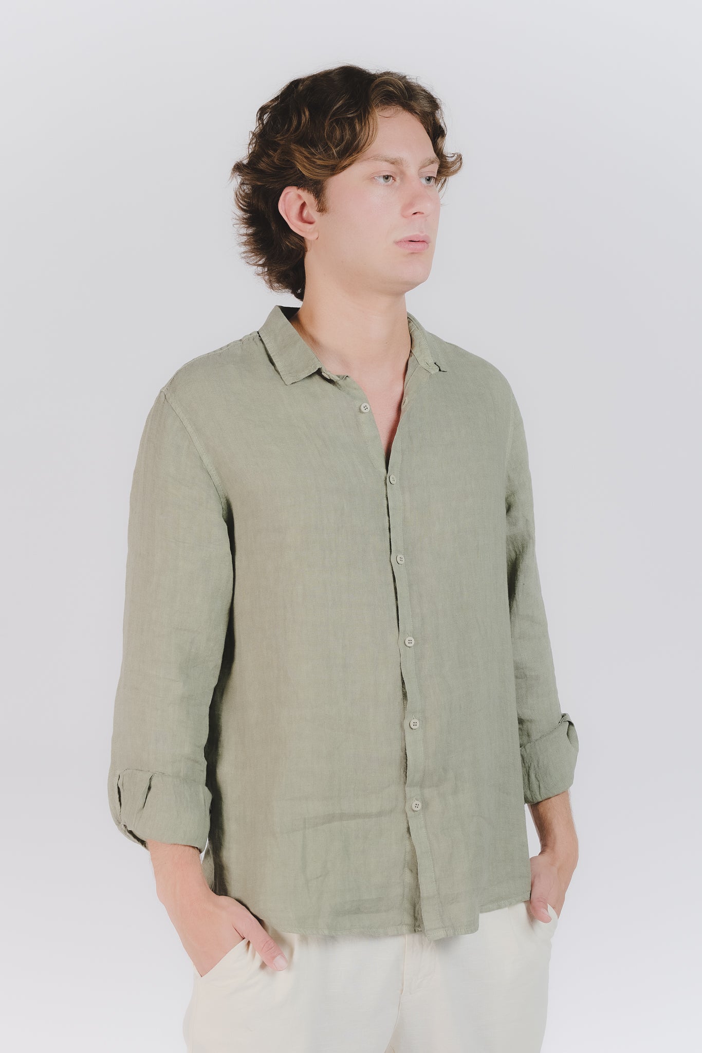 Camicia Uomo Lino Verde Militare man Barone firenze - 3