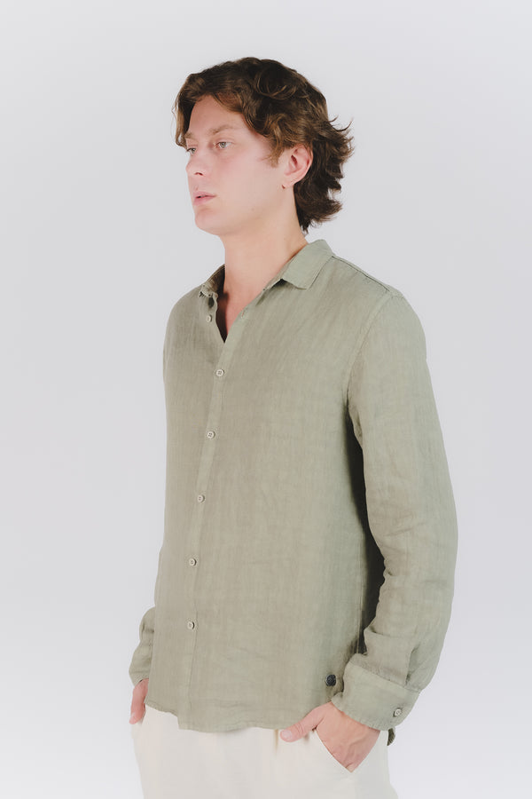 Camicia Uomo Lino Verde Militare man Barone firenze