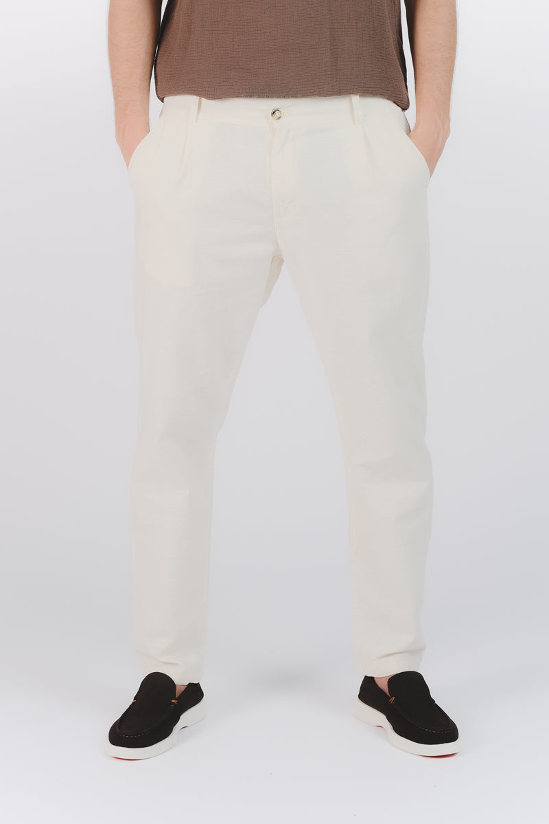 Pantaloni Lino con Bottone Panna man Barone firenze - 1