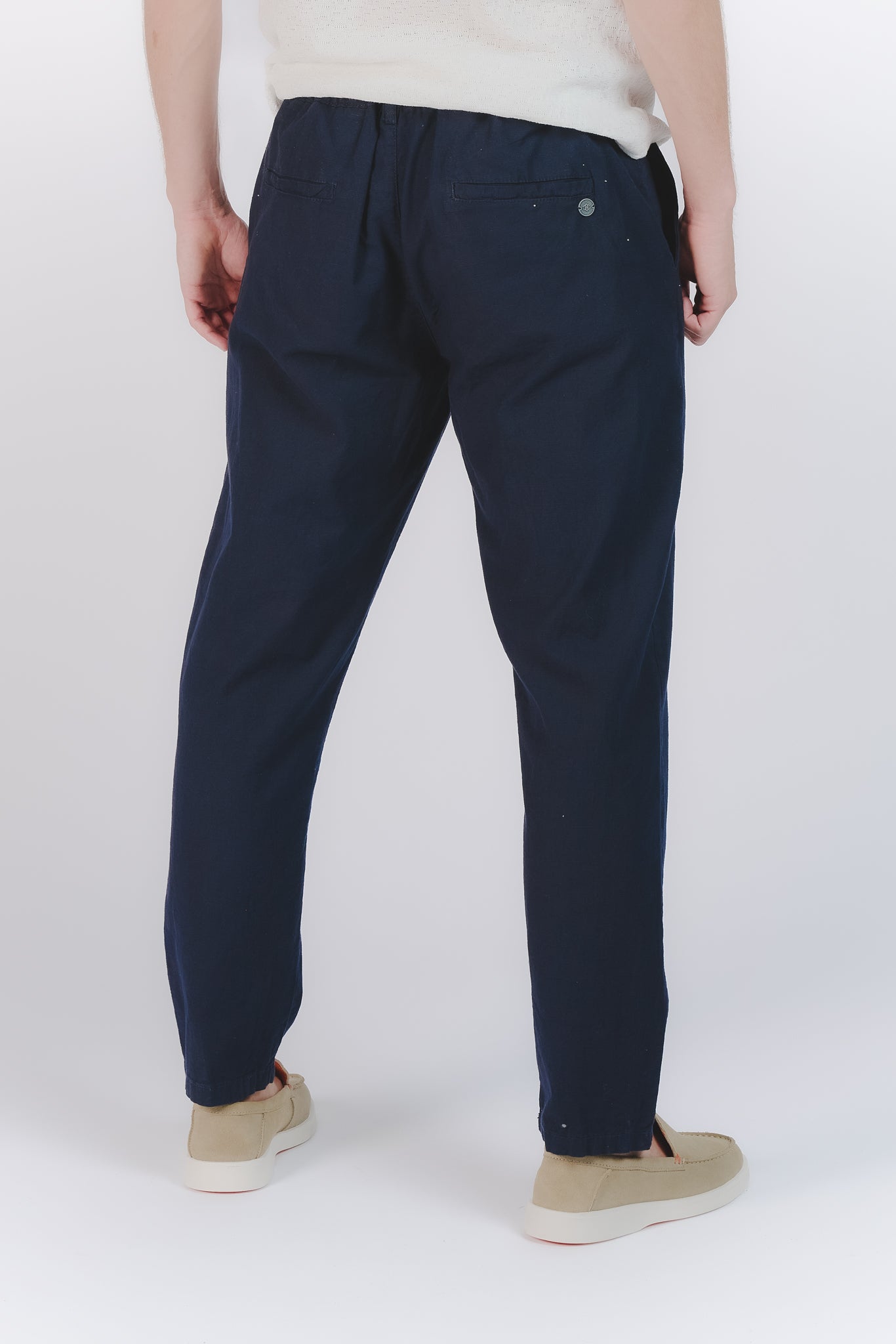 Pantaloni Lino con Bottone Blu man Barone firenze - 3