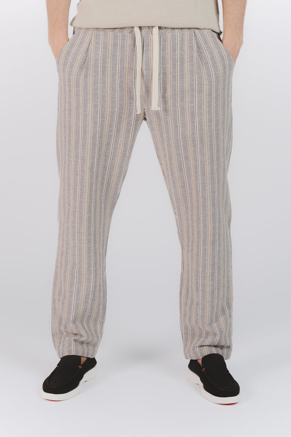 Pantaloni Misto Cotone e Lino a Righe Beige man Barone firenze