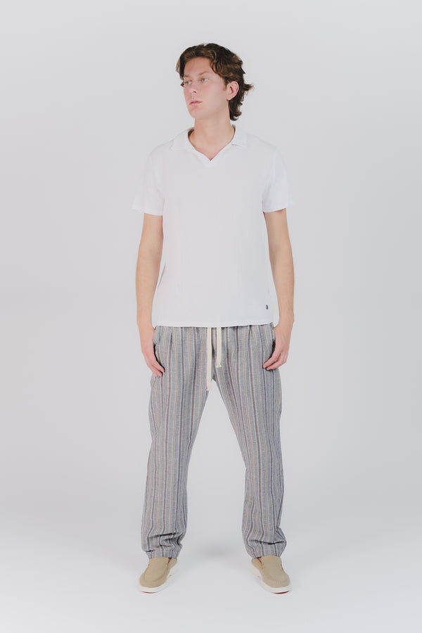 Pantaloni Misto Cotone e Lino a Righe Blu man Barone firenze
