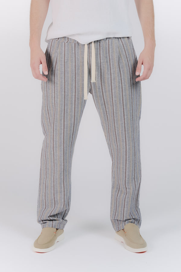 Pantaloni Misto Cotone e Lino a Righe Blu man Barone firenze