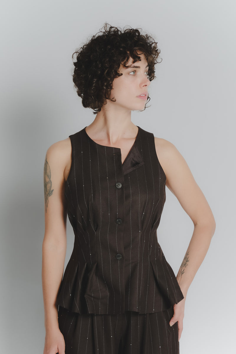 Gilet Gessato Cioccolato con Paillettes woman Barone firenze - 3