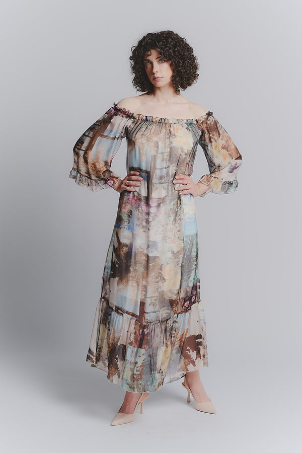 Silk Long Dress Panorama with Boat Neck woman Barone firenze