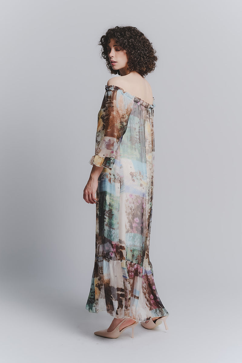 Silk Long Dress Panorama with Boat Neck woman Barone firenze - 2