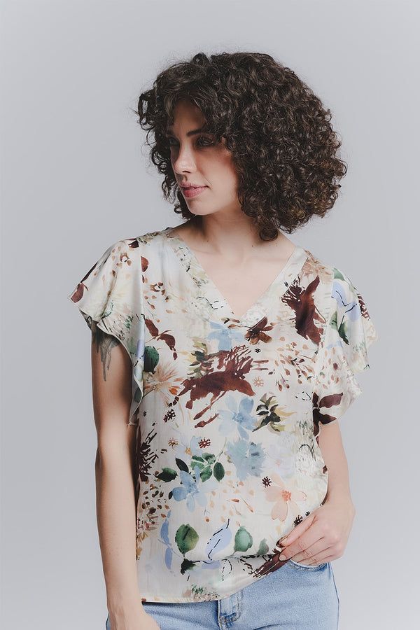 Sky Blue Floral Ruffled Sleeve Blouse woman Barone firenze
