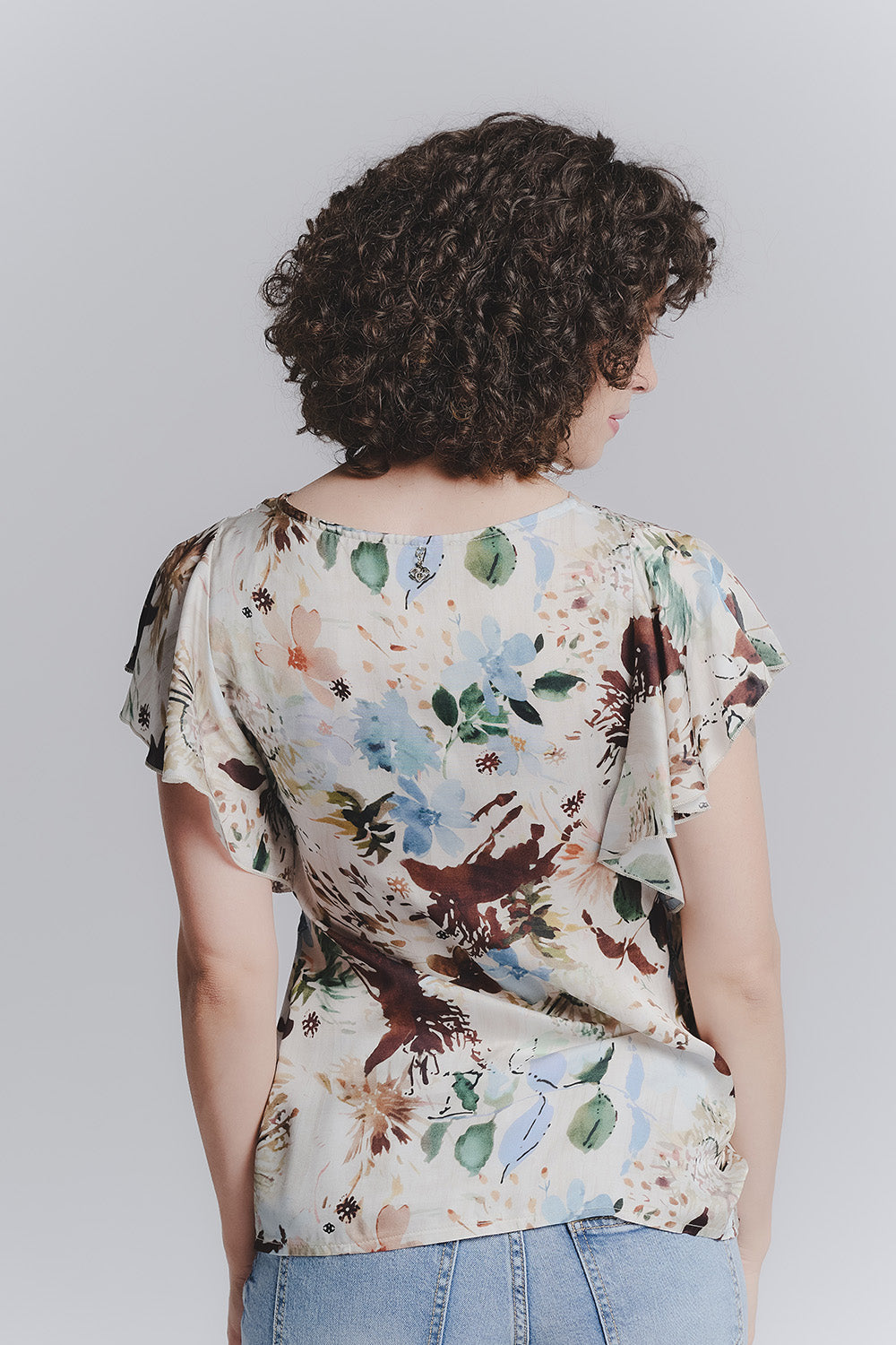 Sky Blue Floral Ruffled Sleeve Blouse woman Barone firenze - 2