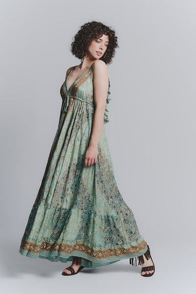 Long Turquoise Gipsy Dress with Thin Straps