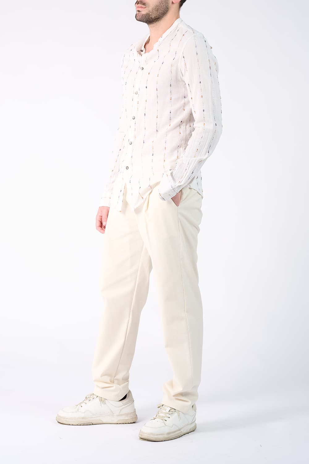 Korean Collar Shirt in Textured Cotton  Barone firenze - 3