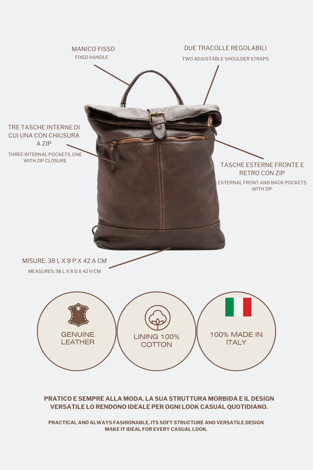 Grosseto Dark Brown Backpack unisex Barone firenze - 6