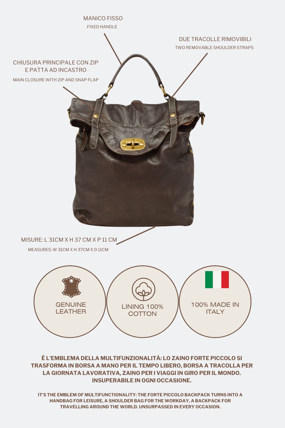 Forte Backpack Dark Brown unisex Barone firenze - 6