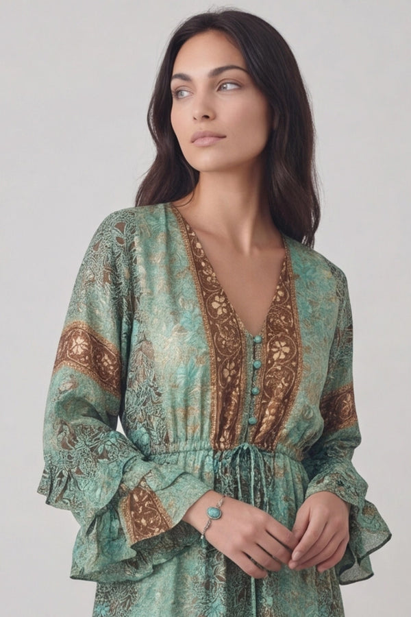 Turquoise Gipsy Long Dress with Buttons woman Barone firenze
