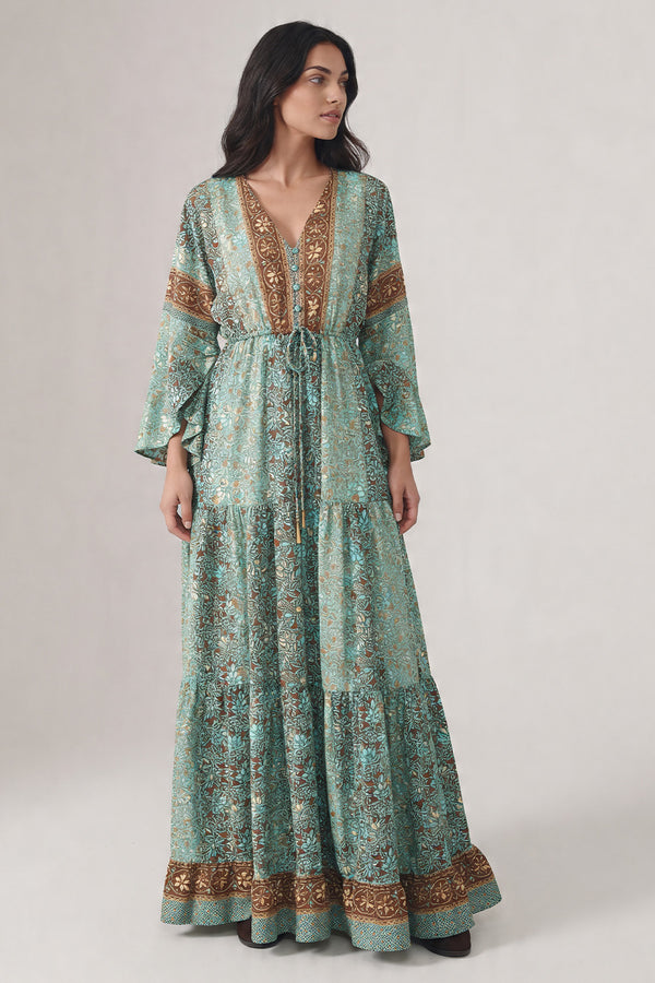 Turquoise Gipsy Long Dress with Buttons woman Barone firenze
