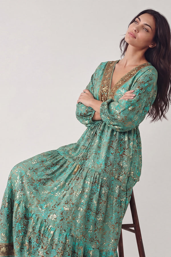 Turquoise Gypsy Maxi Dress woman Barone firenze