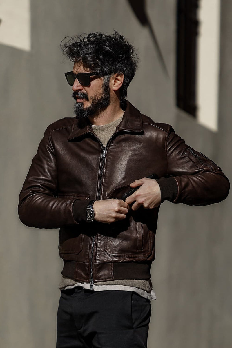 Aviator Dark Brown Leather Jacket man Barone firenze - 9