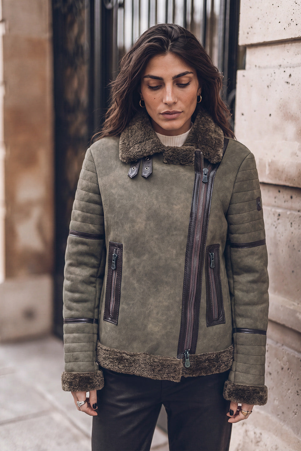 Chiodo Shearling Style Donna Verde woman Barone firenze - 1