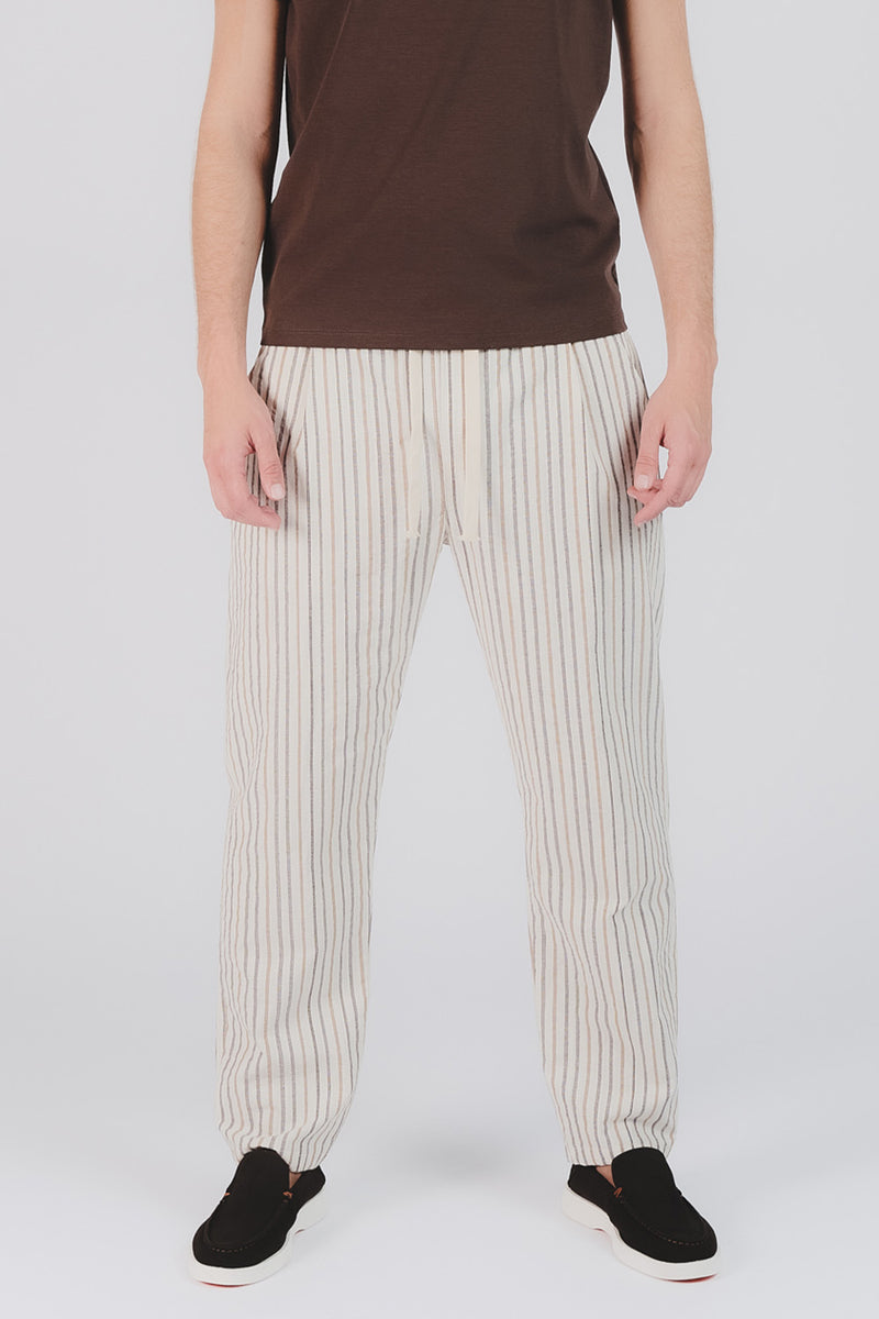 Pantaloni Cotone Righe Crema man Barone firenze - 1