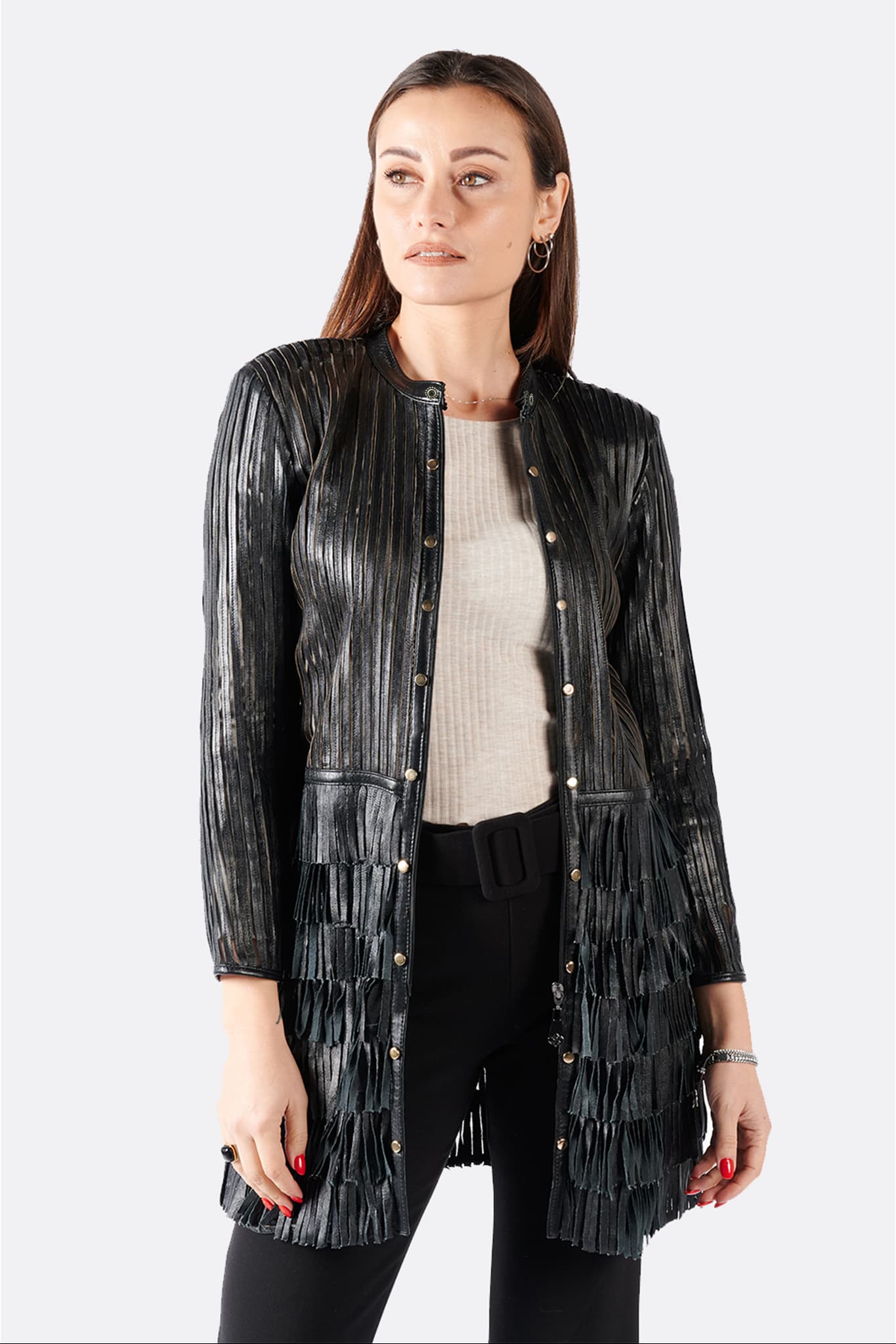 Fringe, Studs and Zip Jacket woman Barone firenze - 4