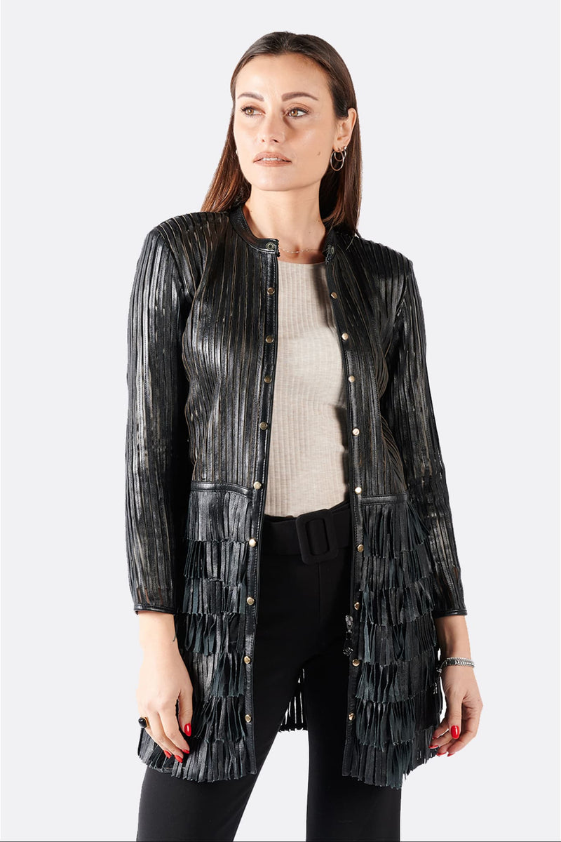 Fringe, Studs and Zip Jacket woman Barone firenze - 4