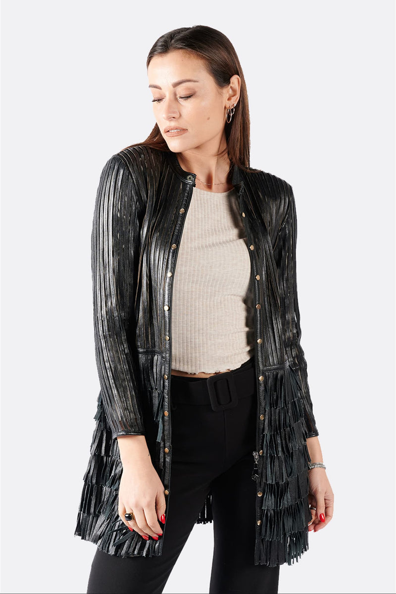Fringe, Studs and Zip Jacket woman Barone firenze - 1