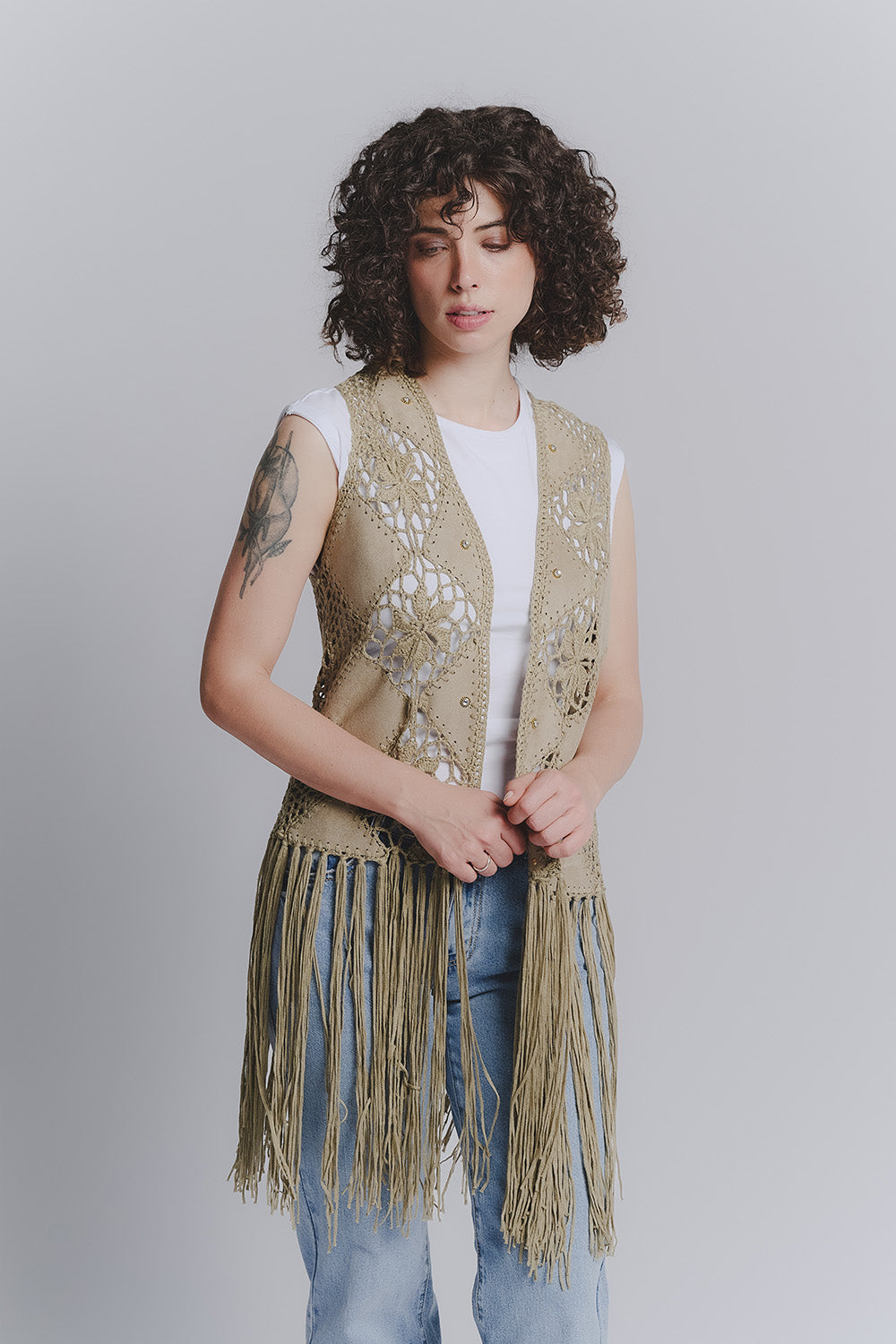Olive Macramé Vest woman Barone firenze - 1