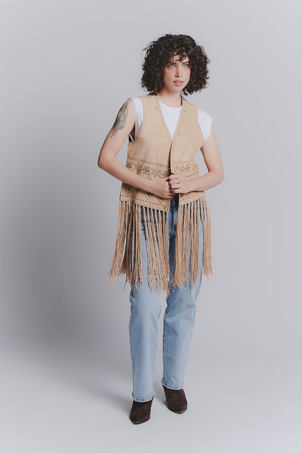 Embroidered Leather Vest Tan woman Barone firenze
