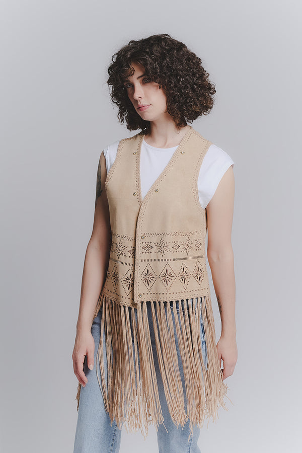 Embroidered Leather Vest Tan woman Barone firenze
