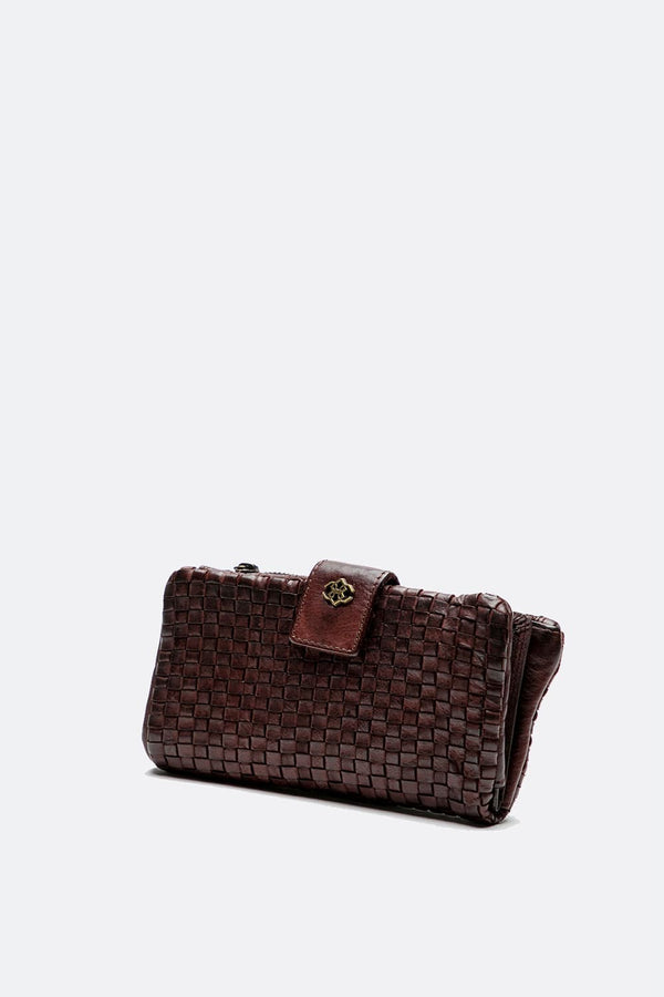Large Woven Wallet with Button Dark Brown woman Barone firenze