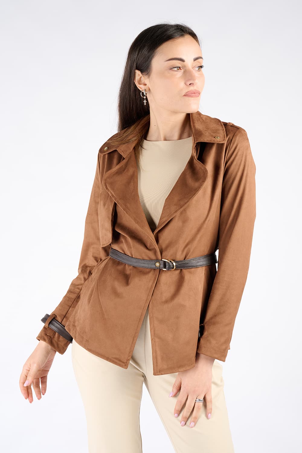 Short Alcantara Trench Coat in Tan woman Barone firenze - 3