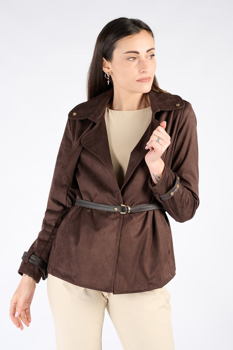 Short Alcantara Trench Coat in Dark Brown woman Barone firenze - 3