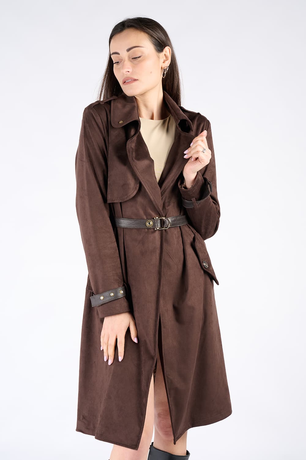 Alcantara Trench Coat in Dark Brown woman Barone firenze - 1